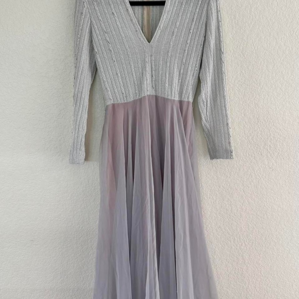 Rare vintage‎ silver-threaded knit maxi with sculpted bodice and flowing skirt